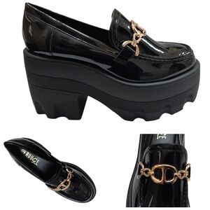 ROUGE Patent Chain Detail Platform Chunky Heel Platform Loafers Sz 8.5 Black NEW